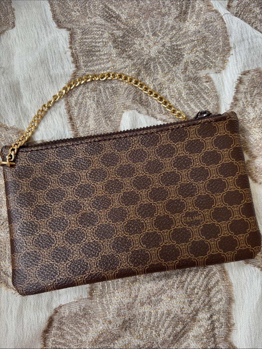 Celine Brown Logo-Print Leather Wristlet w/ Gold Tone Chain & Clover Charm - Picture 7 of 15